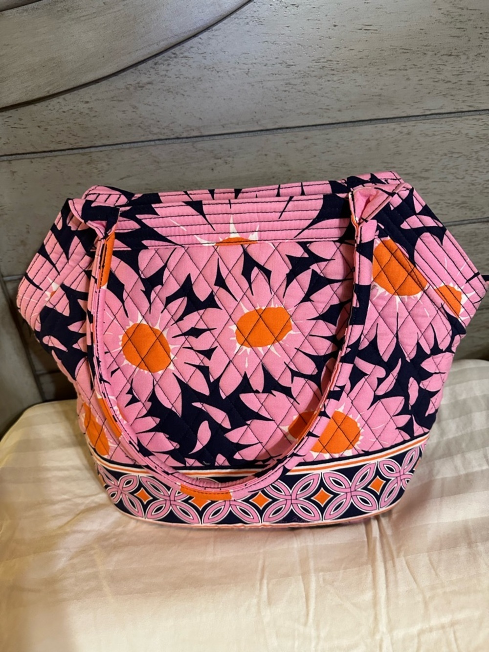 Vera Bradley Angle Tote Loves Me Floral Shoulder Bag Purse Pink Navy RETIRED